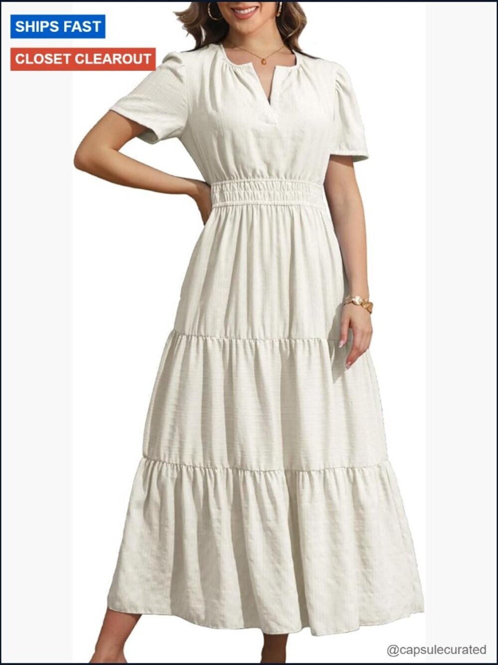 Casual Maxi Dress Short Sleeve V-Neck Elastic Waist Bohemian Beach Boho with
